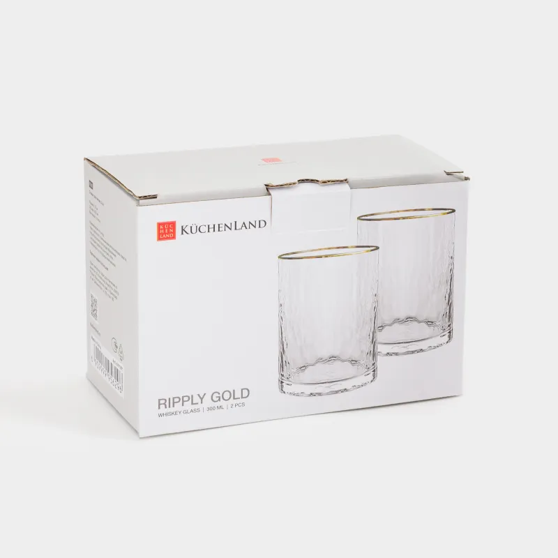 Drinking glass, 10 cm, 300 ml, 2 pcs, glass, with golden edging, Ripply gold, image-4