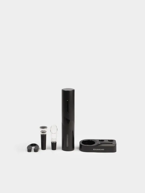 Drink set, 5 items, with vacuum stopper, on a stand, plastic / steel, black, Flux, image-1