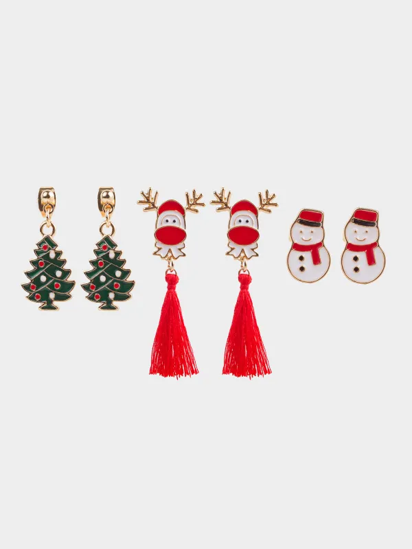 Stud earrings, 1/2/4 cm, 6 pieces, metal, gold, Snowman/Christmas Tree / Deer, Jewelry christmas, image-1