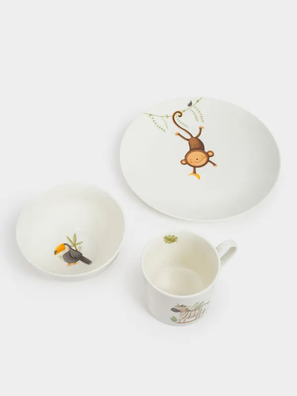 Children's tableware set, 1 person, 3 items, porcelain N, white, Safari, Jungle, image-1