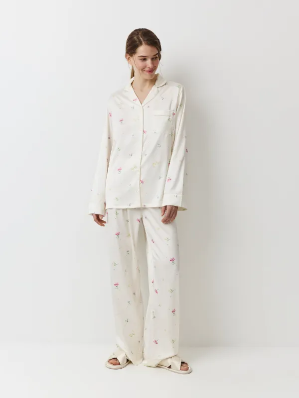 Women's shirt, homewear, size L, with long sleeves, polyester, milky, Flowers, Sevilla, image-1