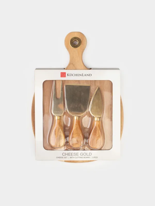 Cheese set, 4 pcs, dish board with handle, steel / wood, golden, Cheese gold, image-6