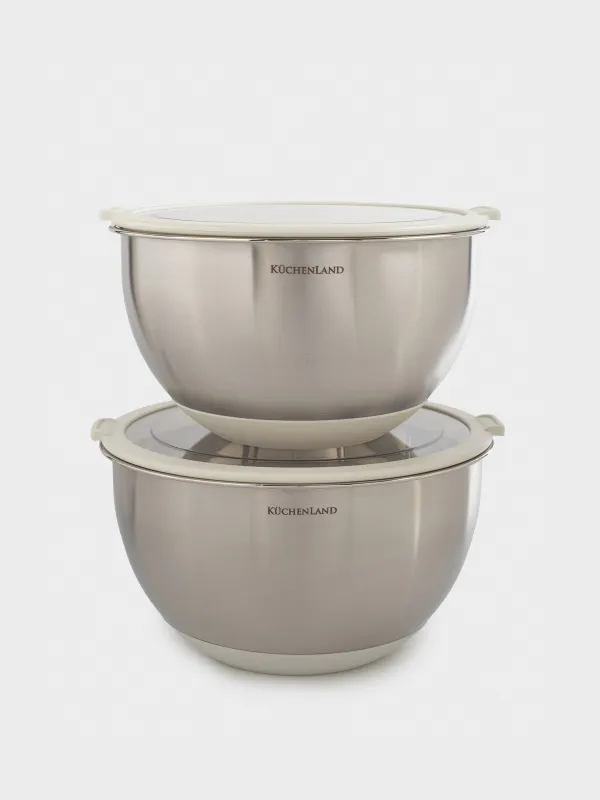 Bowl, 2/3 l, 2 pcs, with lid, anti-slip bottom, steel / plastic, beige, Terra new, image-0