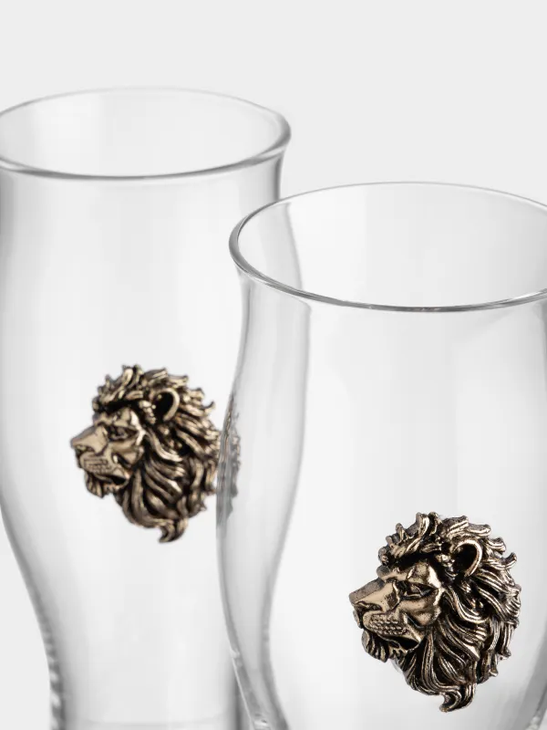 Drinking glass, 17 cm, 600 ml, 2 pcs, glass / metal, Golden lion, Lux elements, image-2