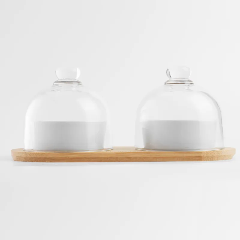 Snack set, 4 items, on a stand, ceramic / bamboo, white, Bowls with lid, Bamboo, image-2