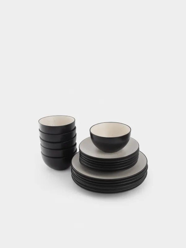 Dinner set, 6 persons, 18 ave, ceramics, black and white, speckled, Isernia, image-1