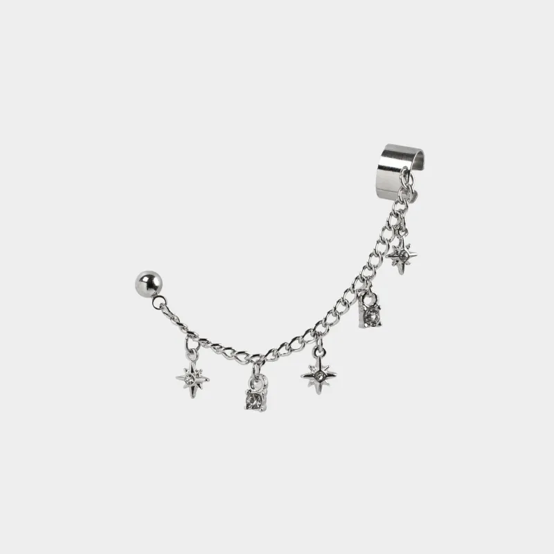 Cuff earring, single size, with pendant, Metal / Rhinestones, Stars, Mineral