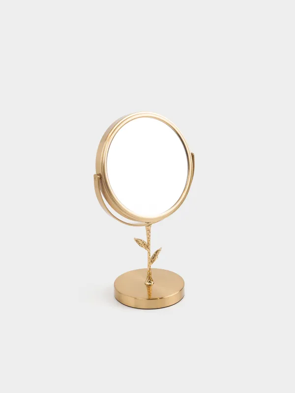 Table mirror, 30x18/15 cm, double-sided, on a leg, metal, round, gold, Freya, image-0
