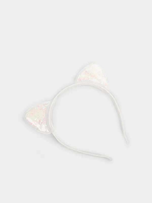 Carnival headband, 12x15 cm, for children, polyester / plastic, milky, Ears, Hairstyle, image-1
