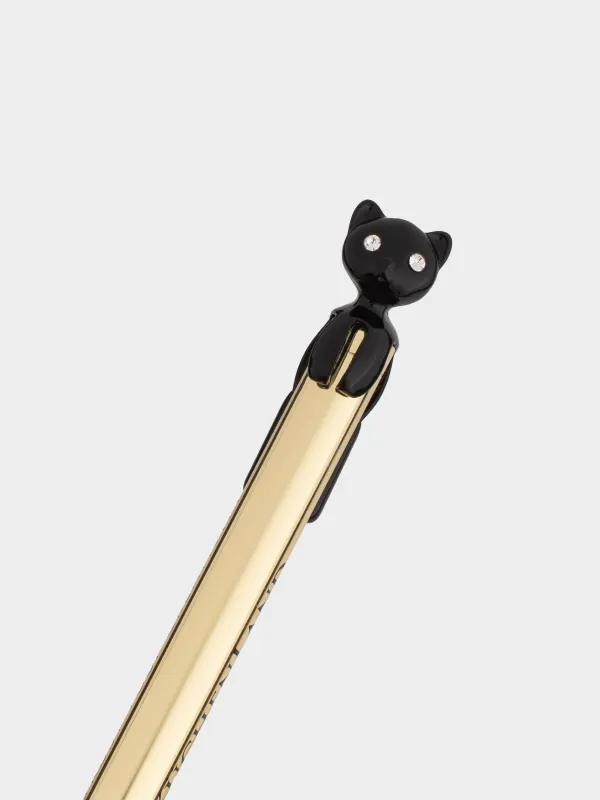 Ballpoint pen, 14 cm, with a figure, metal, gold, Black cat, Draw figure, image-3