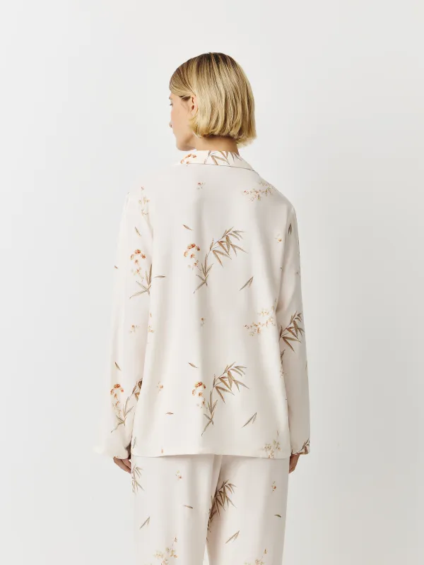 Women's shirt, homewear, size M, with long sleeve, viscose, milky, Flowers, Norla, image-4