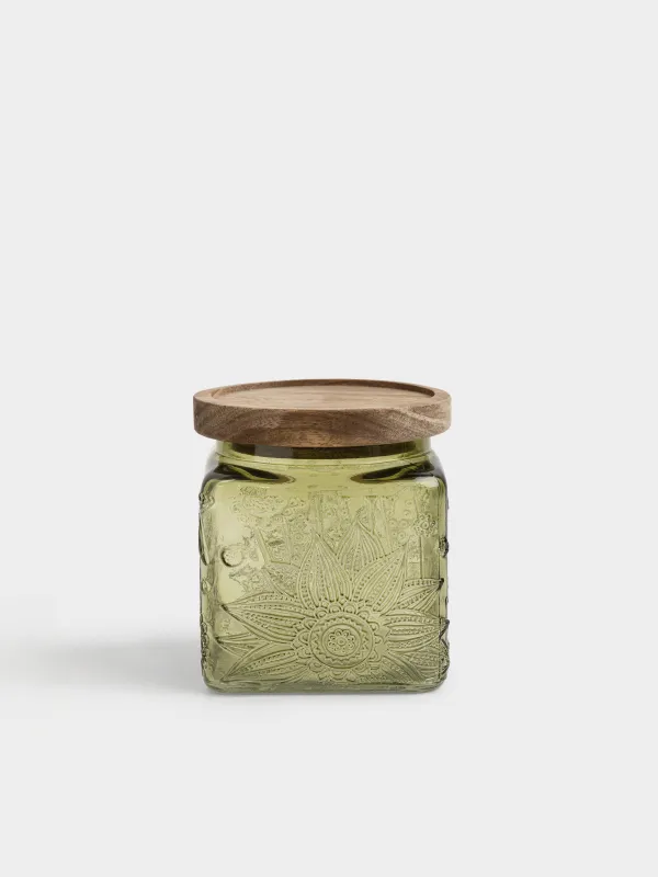 Bulk products jar, 550 ml, glass R / wood, green, Flowers, Bloome wood, image-0