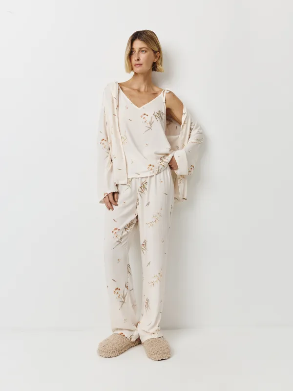 Women's top, homewear, size L, straps, viscose, milky, Flowers, Norla, image-1