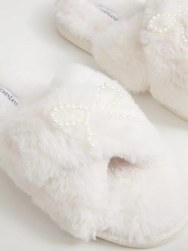 Women's slippers, homewear, size 36-37, artificial fur, white, Bow, Tape, image-3