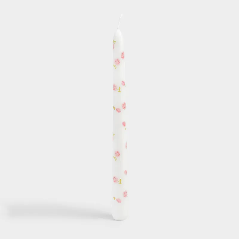 Candle, 25 cm, thin, white, Flowers, Print candle