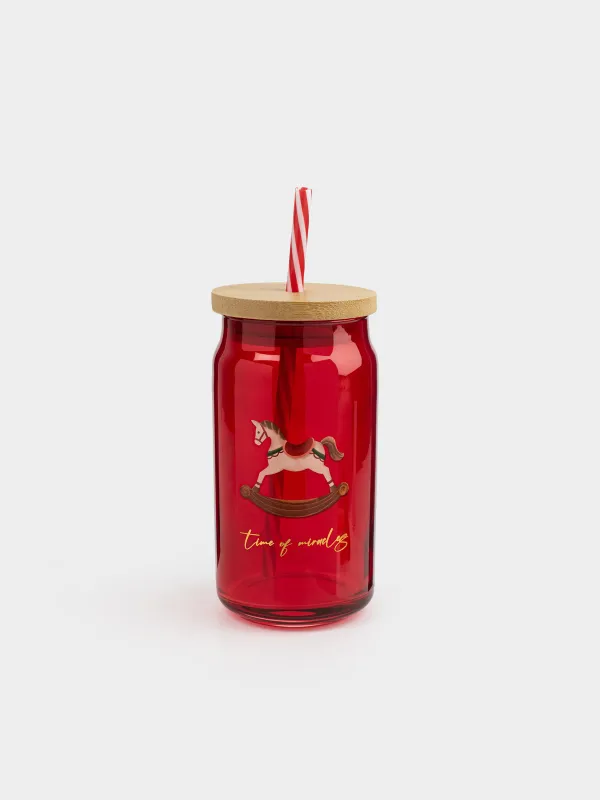 Beverage can, 450 ml, with a lid and a straw, glass, red, Horse, Crystal drink, image-0