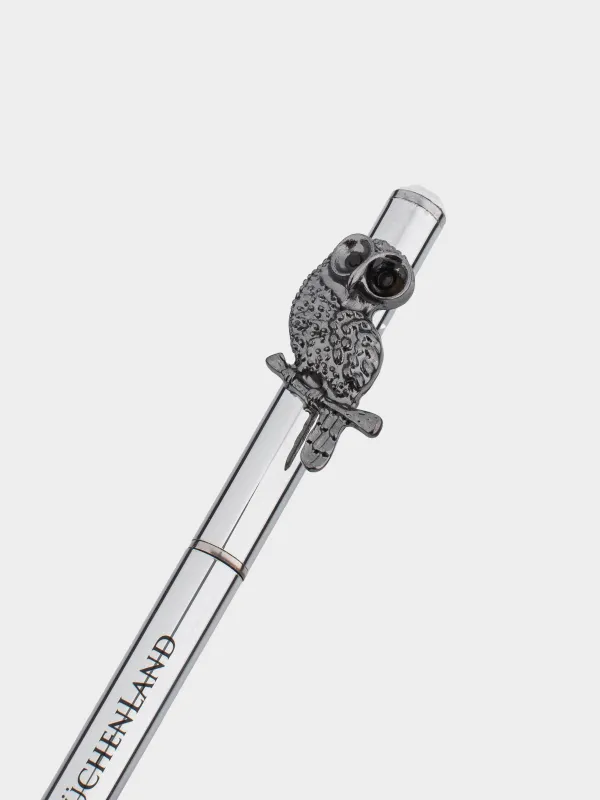 Ballpoint pen, 14 cm, with a figure, steel, black and silver, Owl, Draw figure, image-2