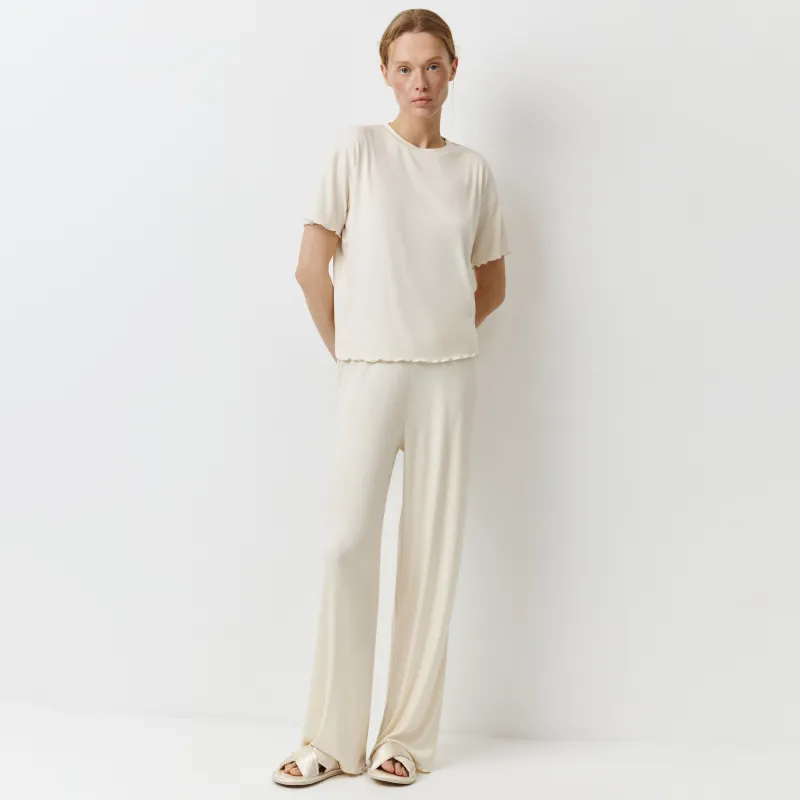 Women's trousers, homewear, size L, with ruffles, modal/spandex, milky, Rosemary