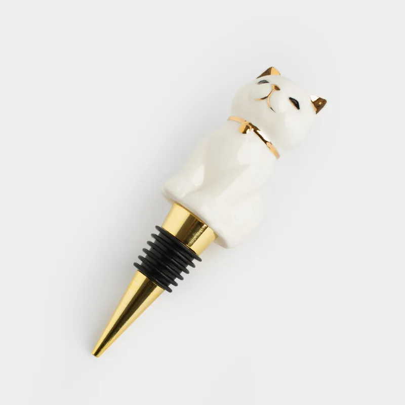 Bottle stopper, 13 cm, steel / porcelain P, white and gold, Cat, Cat, image-2