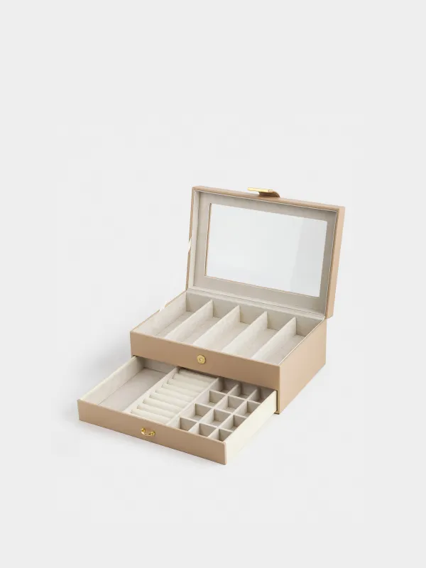 Jewelry box, 26x18 cm, wood/PU leather, beige, Premiere, image-2