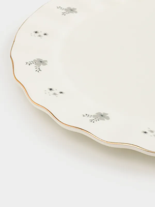 Dinner plate, 27 cm, porcelain P, milky, with golden edging, Grey flowers, Florals, image-3