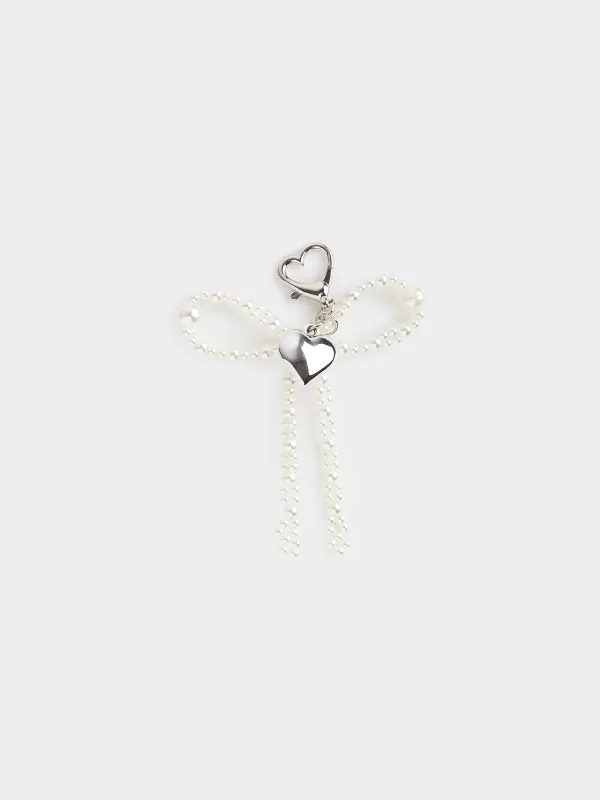 Keychain, 9 cm, acrylic / metal, Silver, Heart and beads, Pearl heart, image-0