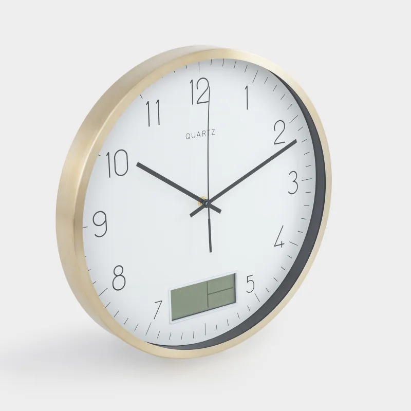 Wall clock, 35 cm, with display, metal / glass, round, golden white, Dial, image-1