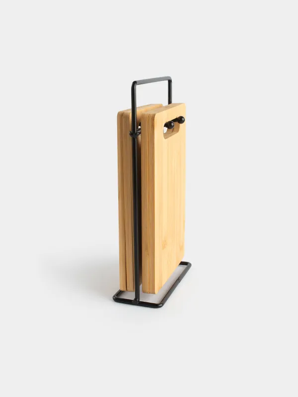Cutting board, 22x14 cm, 4 pcs, on a stand, bamboo / steel, rectangular, Bamboo, image-5
