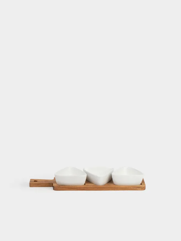 Snack set, 3 items, on a stand, ceramic / wood, white, Triangles, Noble tree, image-2