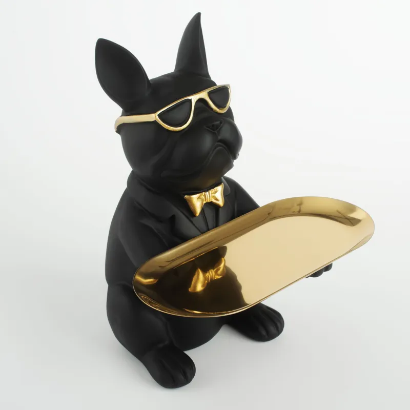 Decorative dish, 23 cm, with piggy bank, polyresin / metal, golden-black, Bulldog, Dog, image-1