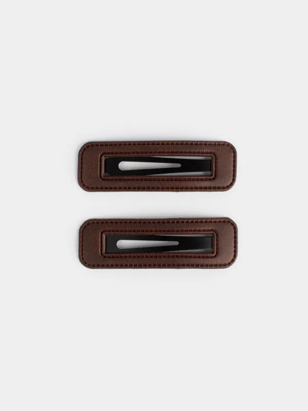 Hair clip, 7 cm, 2 pcs, polyurethane / metal, brown, Geometry, Basic Leather, image-0