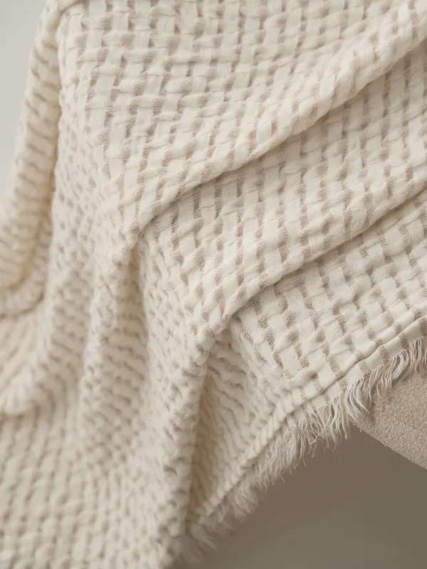 Plaid, 130x170 cm, with fringe, acrylic / polyester, milky beige, Stripes, acrylic, image-1