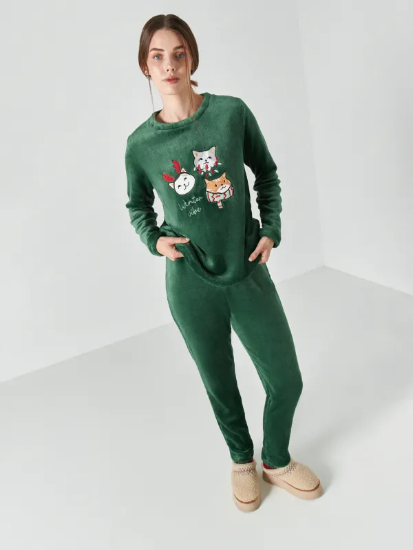 Women's two piece set, homewear, size S, with trousers, fleece, green, Cats, Amber, image-6