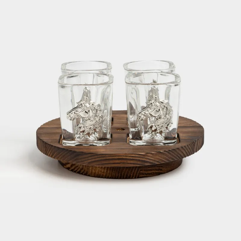 Drinking glass, 60 ml, 4 pcs, on a stand, glass/metal/wood, Horse, Lux elements decor