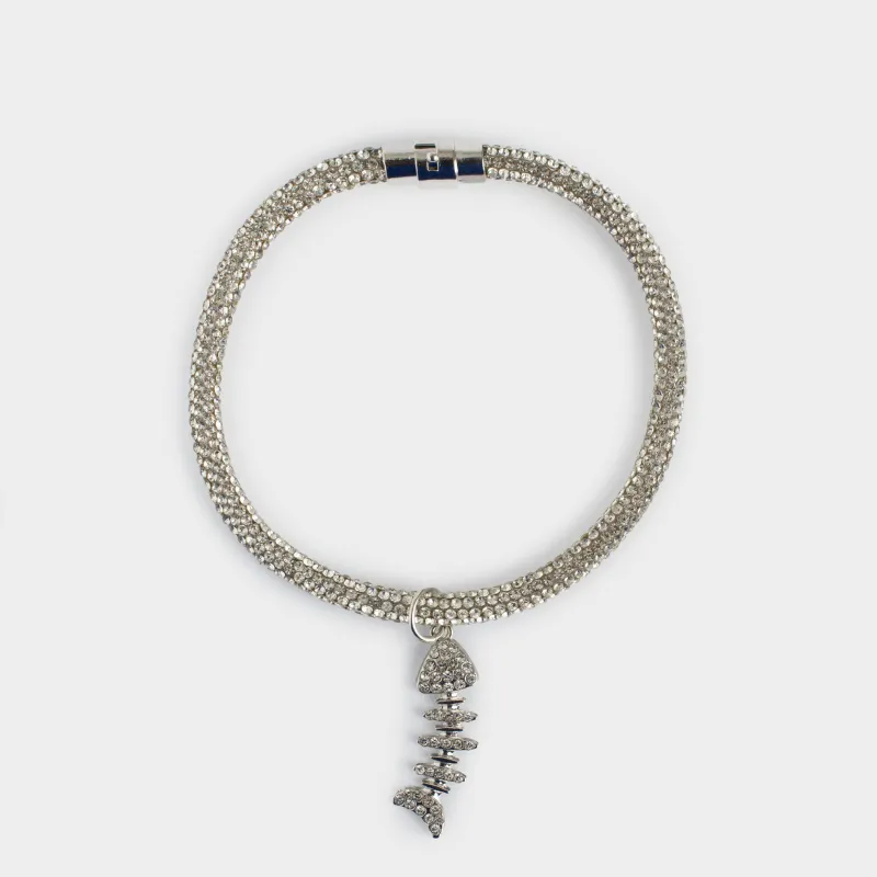 Pet collar, 25/30 cm, decorative, metal / rhinestones, silver, Fish, Crystal pet