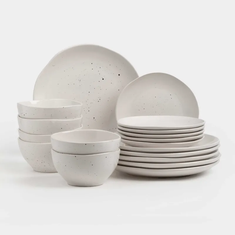 Dining set, 6 persons, 18 items, ceramic, milky, speckled, Uneven edge, Xoras