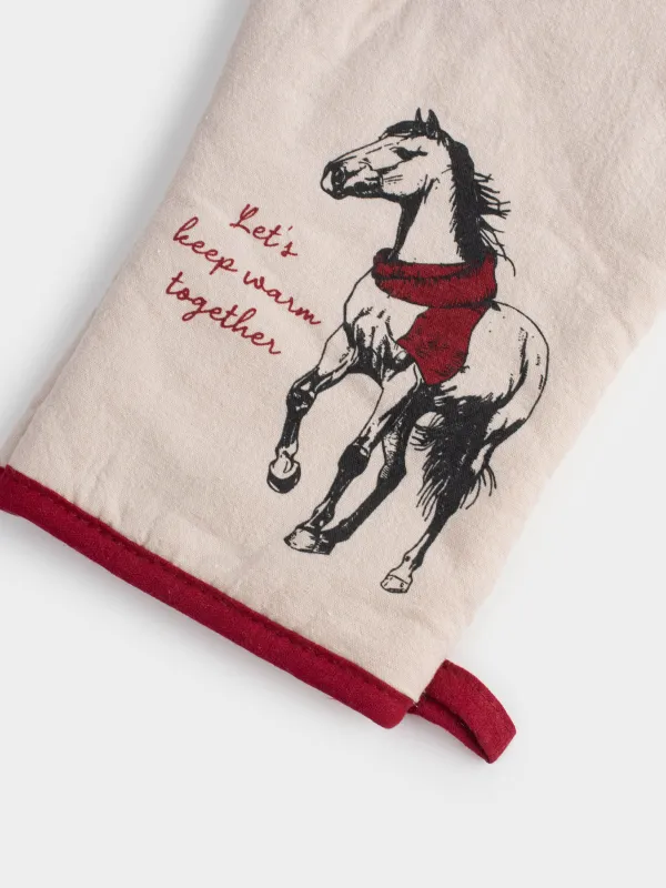 Potholder-mitt, 18x30 cm, cotton, grey-beige, Horse, Horse in scarf, image-3