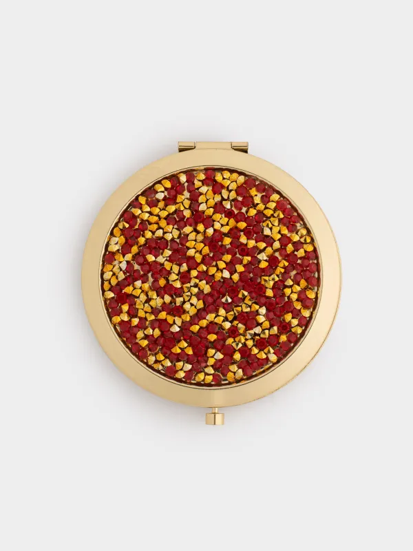 Pocket mirror, 7 cm, double-sided, steel, gold, Red sequins, Actress, image-3