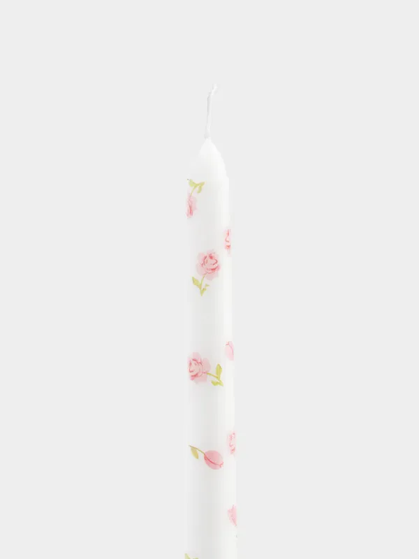 Candle, 25 cm, thin, white, Flowers, Print candle, image-1