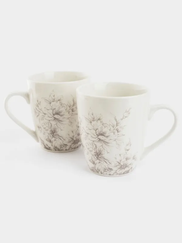 Mug, 350 ml, 2 pcs, porcelain P, white, Beige flowers, Maleo, image-1