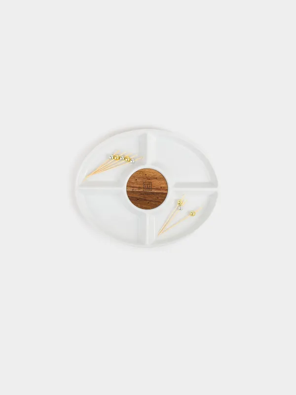 Divided plate, 27x22 cm, 4 compartments, with skewers, porcelain / bamboo, white, Light kitchen, image-2
