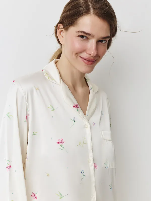 Women's shirt, homewear, size L, with long sleeves, polyester, milky, Flowers, Sevilla, image-2