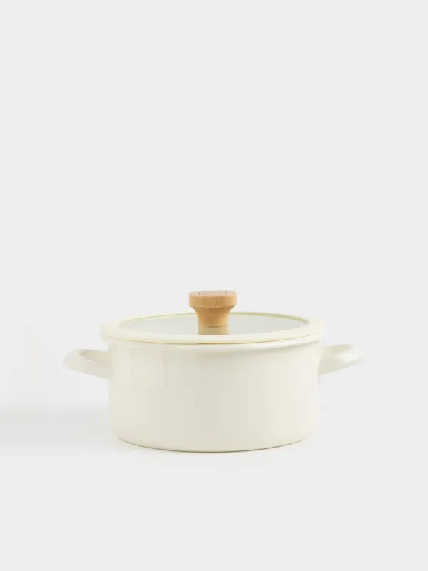 Pot, 20 cm, 2,9 l, with lid, enameled metal / wood, milky, Enamel wood, image-0