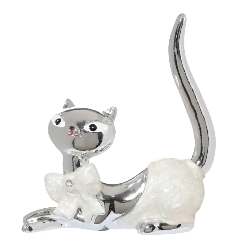 Jewelry holder, 9 cm, Polyresin, Silver, Cat with bow, Cat, image-0