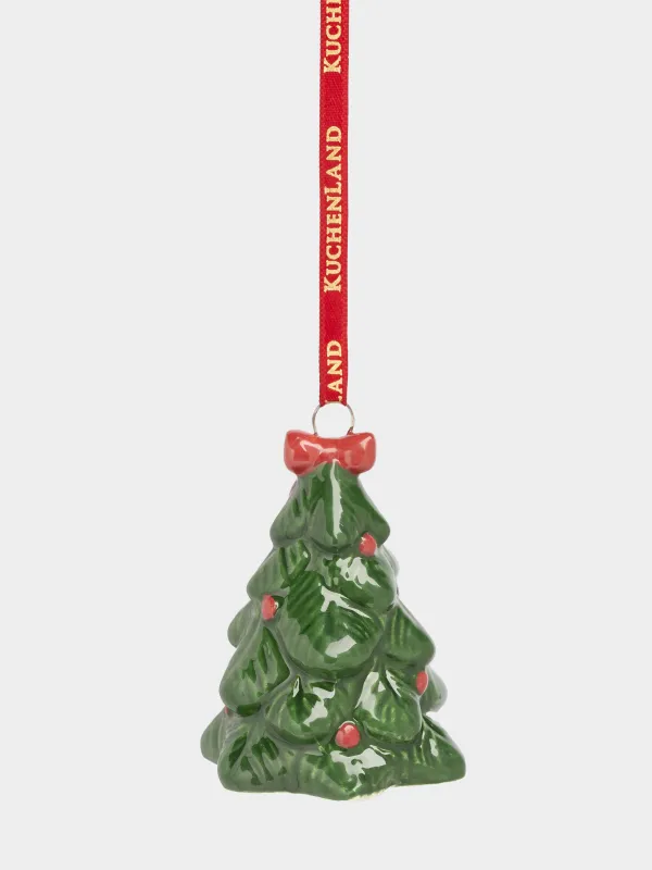 Christmas tree toy, 6 cm, ceramic, green, Fir tree with bow, Figure christmas, image-1