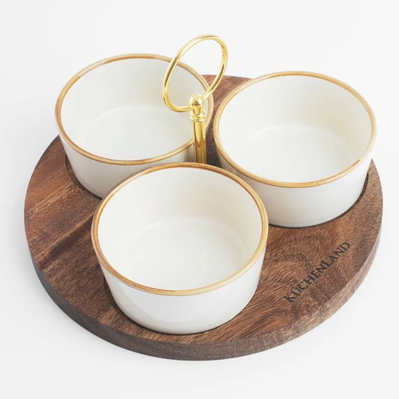 Snack set, 3 items, on a stand, with handle, ceramic / wood, milky, Noble tree , image-3