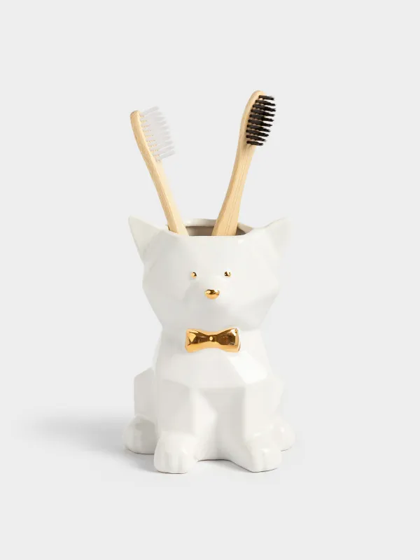 Bathroom tumbler, 14 cm, ceramic, white and gold, Cat, Art modern, image-6