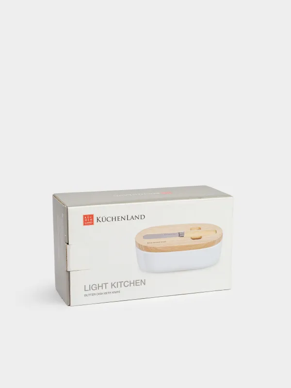 Butter dish, 15 cm, with knife, porcelain N / wood, oval, Light kitchen, image-6