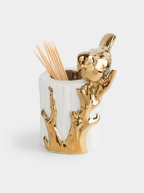 Toothpick stand, 8 cm, ceramic, milky gold, Bird on a branch, Paradise garden, image-3