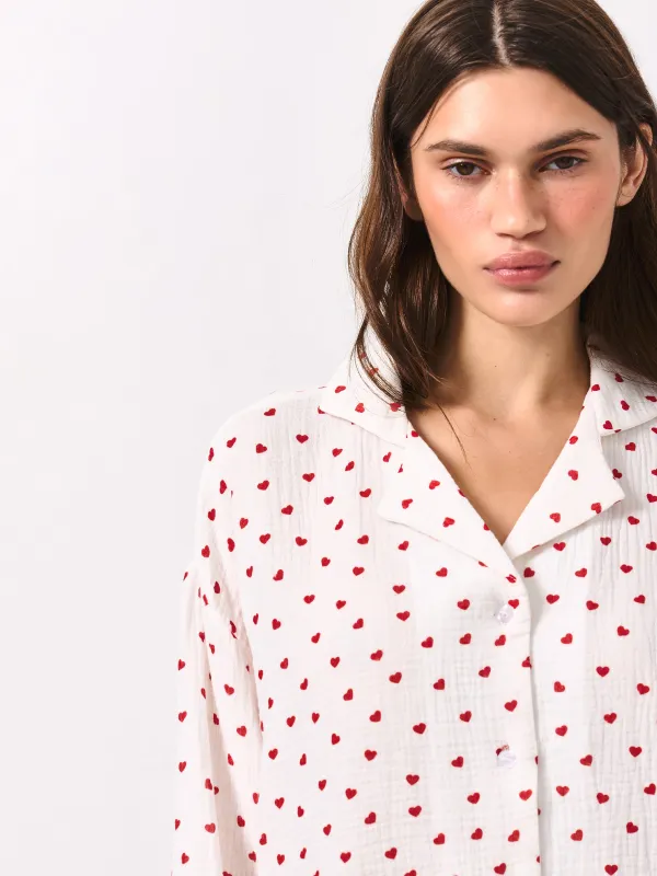 Women's shirt, homewear, size L, with long sleeves, muslin, milky, Flowers, Ateira, image-4